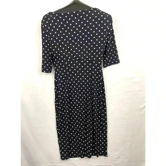 Dark Blue Polka Dot Sheath Wrap Dress Jersey Connected Apparel Sz 6 - Picture 2 of 9